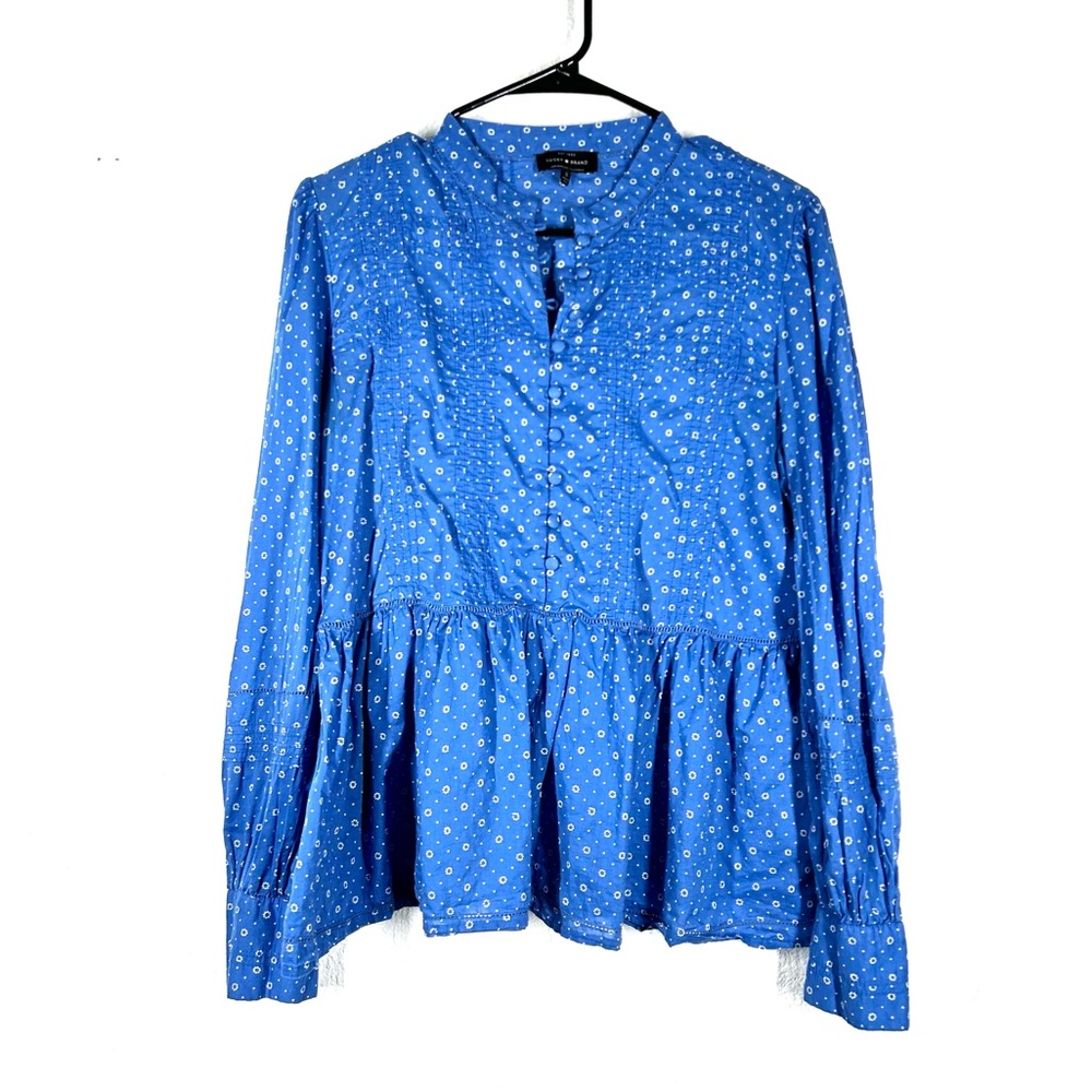 Lucky Brand Blue Button Down Peplum Pleated Shirt Dotted Floral Long Sleeve S